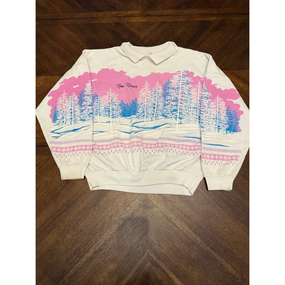 Vintage Lifestyles New Mexico Souvenir Sweatshirt Collared Pink Blue Trees OSFA